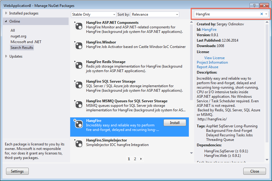 NuGet Package Manager window